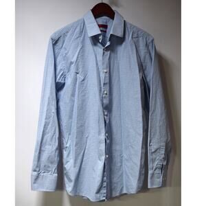 Hugo Boss Blue Micro Check Dress Shirt Slim Fit Size 16L